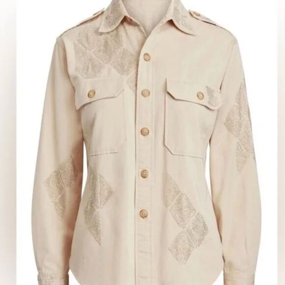 NWT Polo RALPH LAUREN SILVER BEADS EMBROIDERED COTTON SHIRT NEW WITH TAG US XL - Picture 1 of 16
